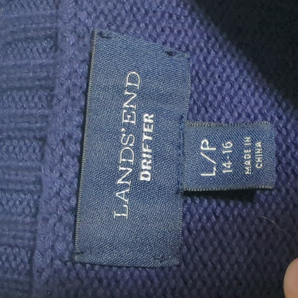 Lands' End Drifter Navy Blue Cable Knit Fisherman Midweight Cotton Sweater Large - Picture 6 of 8